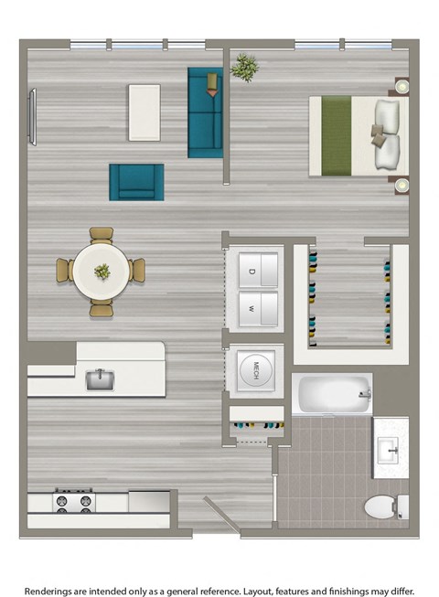 Floor plan for 1 bed, 1 bath, 720 sqft